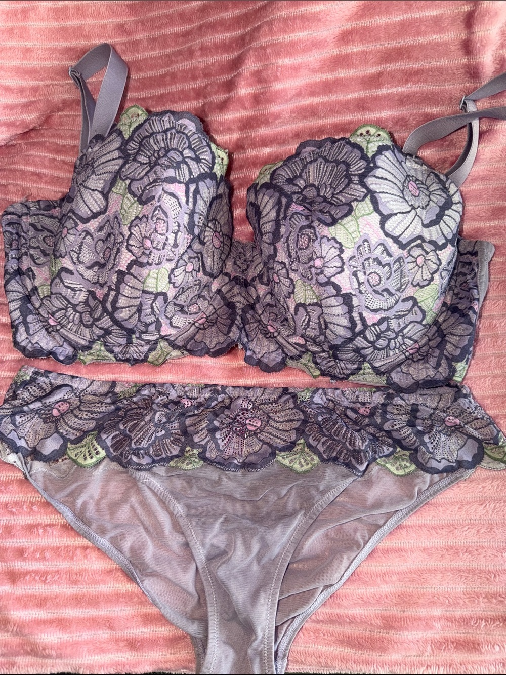 Adore Me Lavender and Green Floral Lace Underwire Bra & Bikini